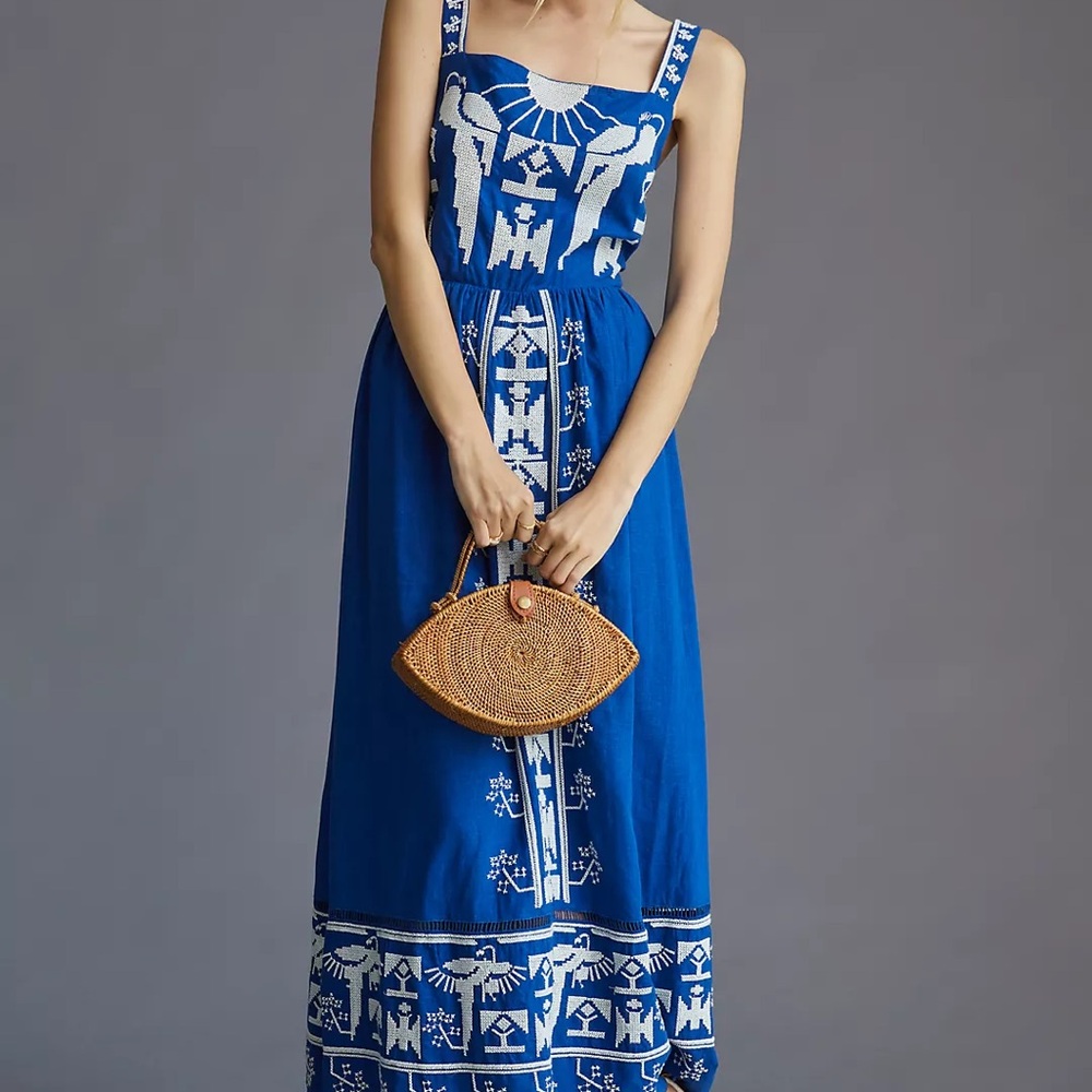 Farm Rio Blue Embroidered Maxi Dress